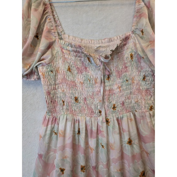 Logan Rae x ROOLEE Pink Floral Smocked Maxi Dress Puff Sleeve Tiered Size M - Picture 5 of 10